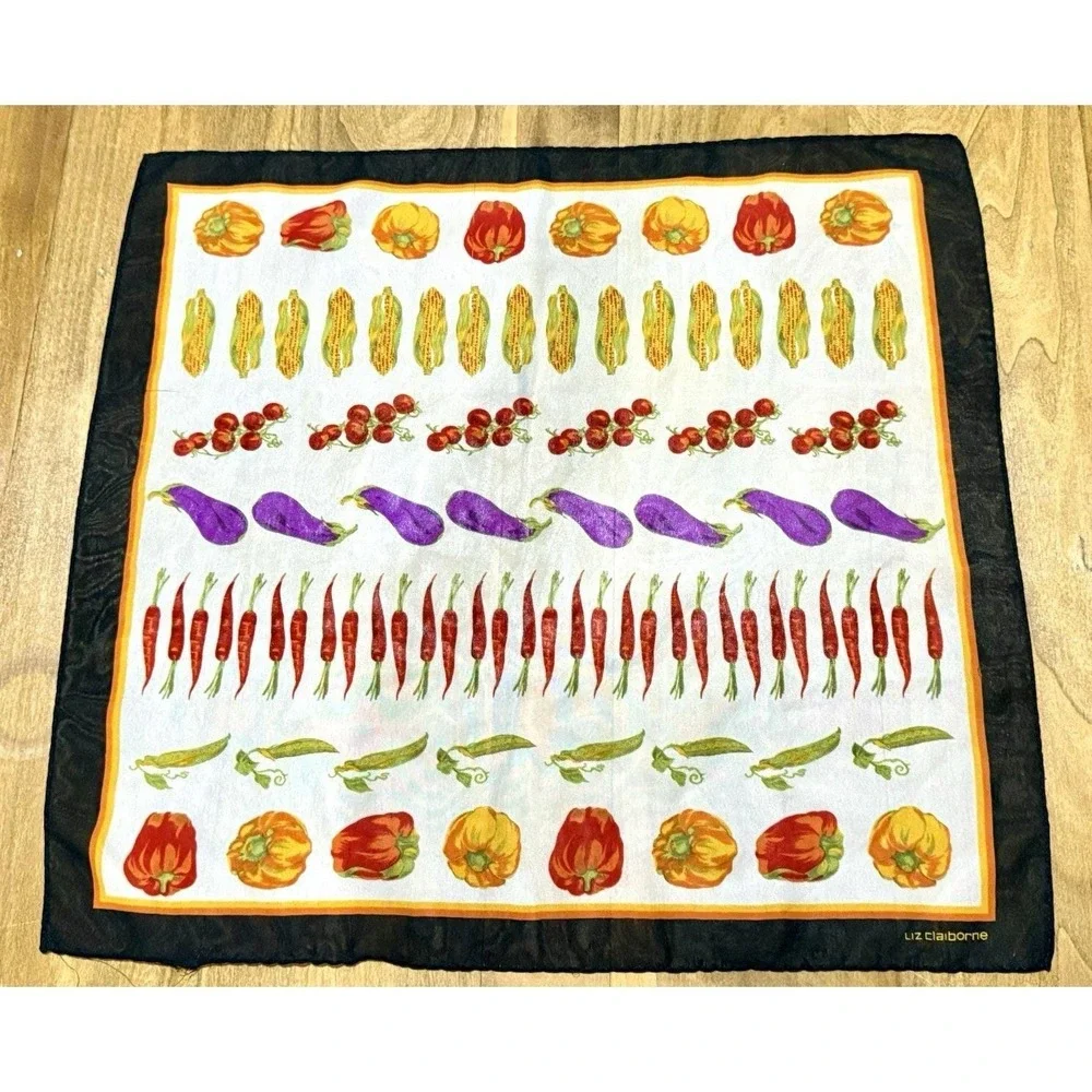 Liz Claiborne Vintage Vegetable Silk Scarf Black Border Novelty Garden Print 80s
